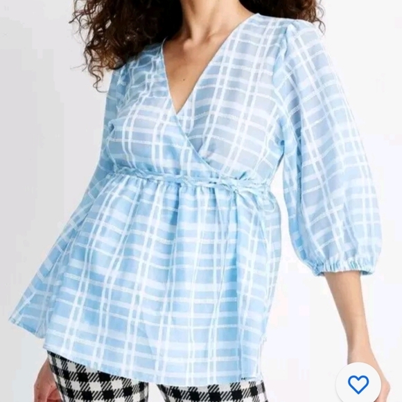 Future Collective Tops - Future Collective Women's Gingham Check 3/4 Sleeve V-Neck Wrap Top Size XS